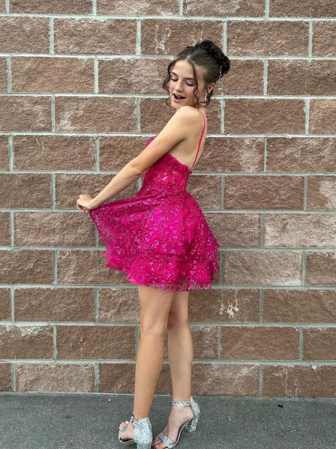 A-Line Hot Pink Sequin Lace Short Homecoming Dresses