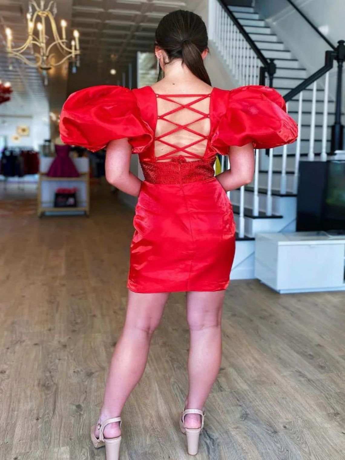 Empire Sparkly Puff Sleeves Tight Short Homecoming Dress with Beading