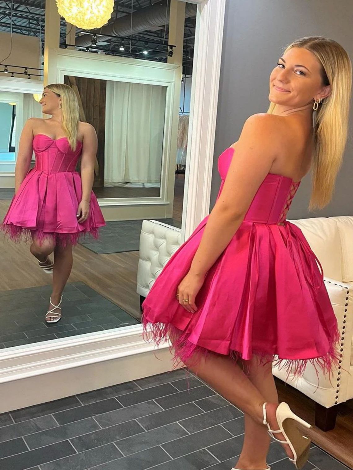 A-Line Neon Pink Feathers Sweetheart A-Line Short Homecoming Dress