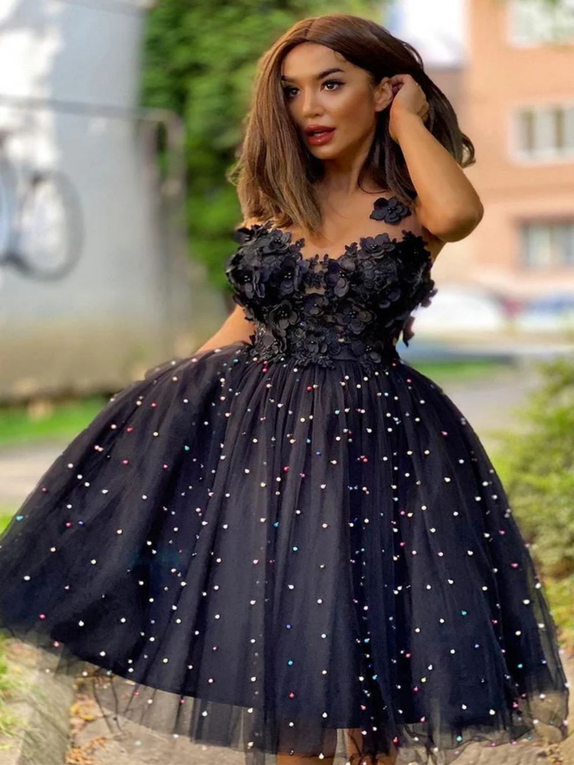 A-Line Beaded Tulle Illusion V Neck Homecoming Dress with Flowers