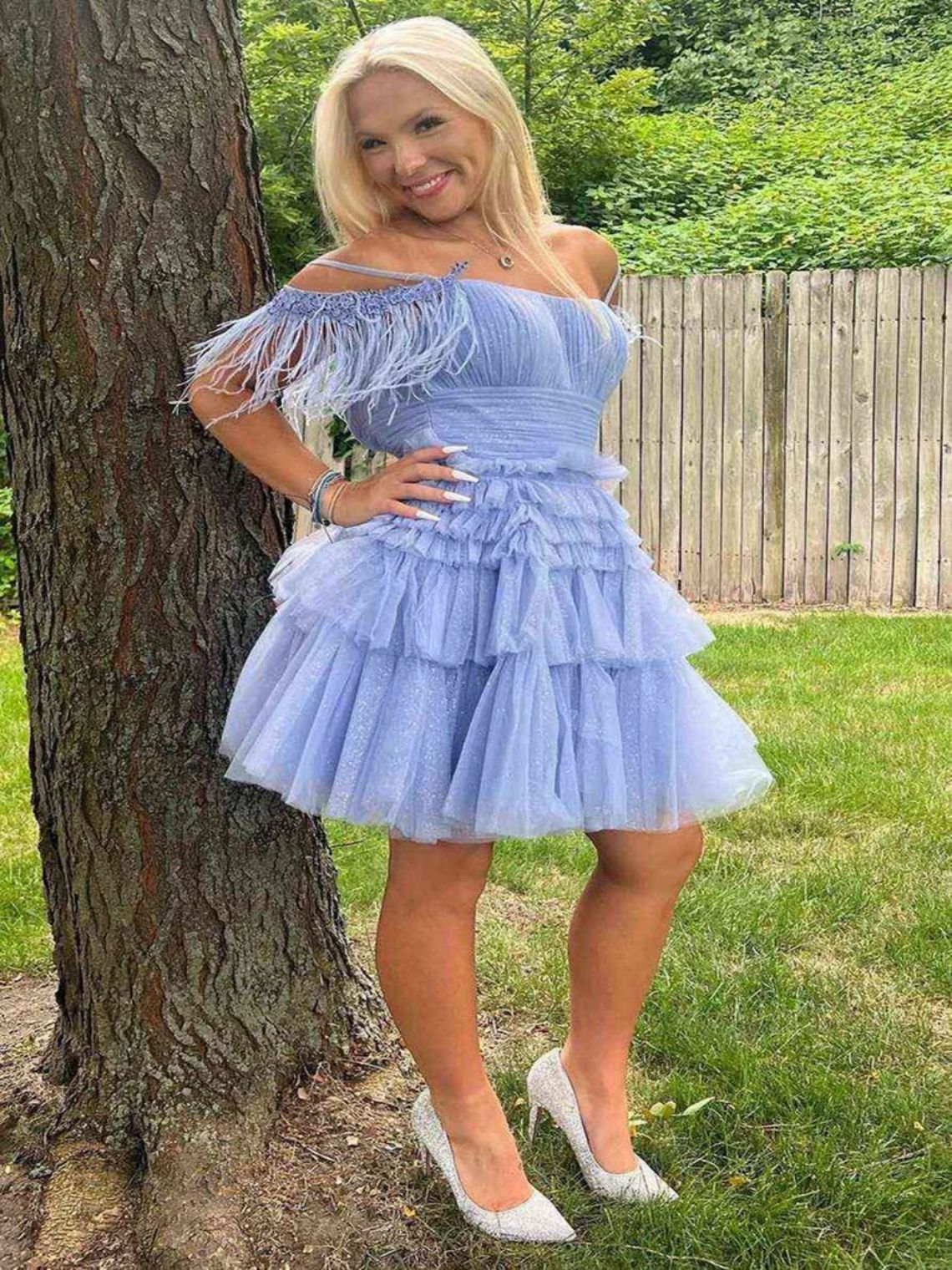 A Line Pink Glitter Tulle Short Homecoming Dress with Feather
