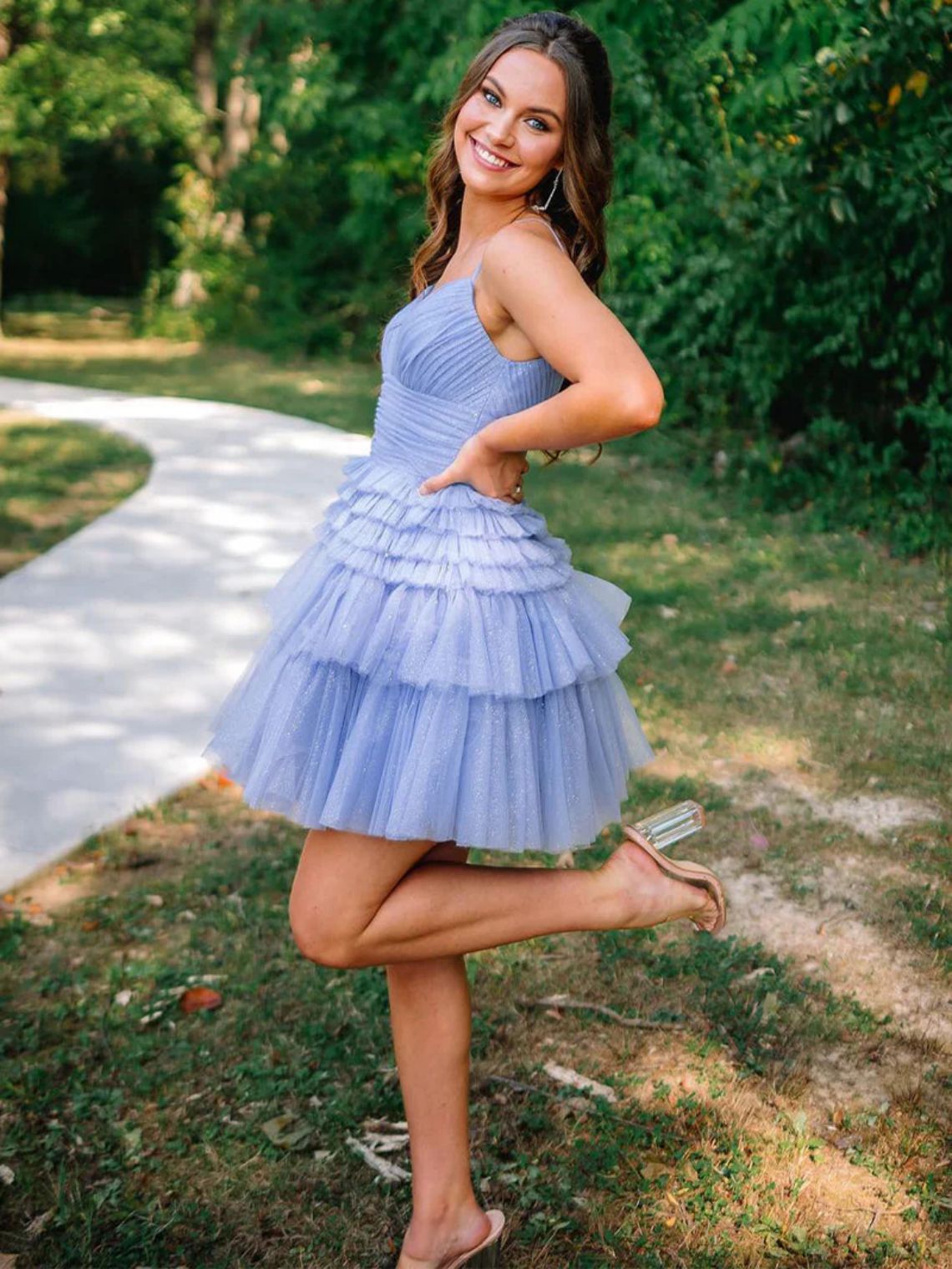 A-Line Deep V Neck Tiered Glitter Tulle Homecoming Dress Ruffles