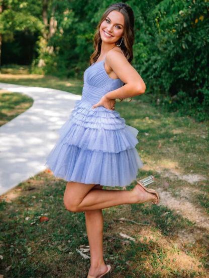 Dress A-Line Deep V Neck Tiered Glitter Tulle Homecoming Dress Ruffles