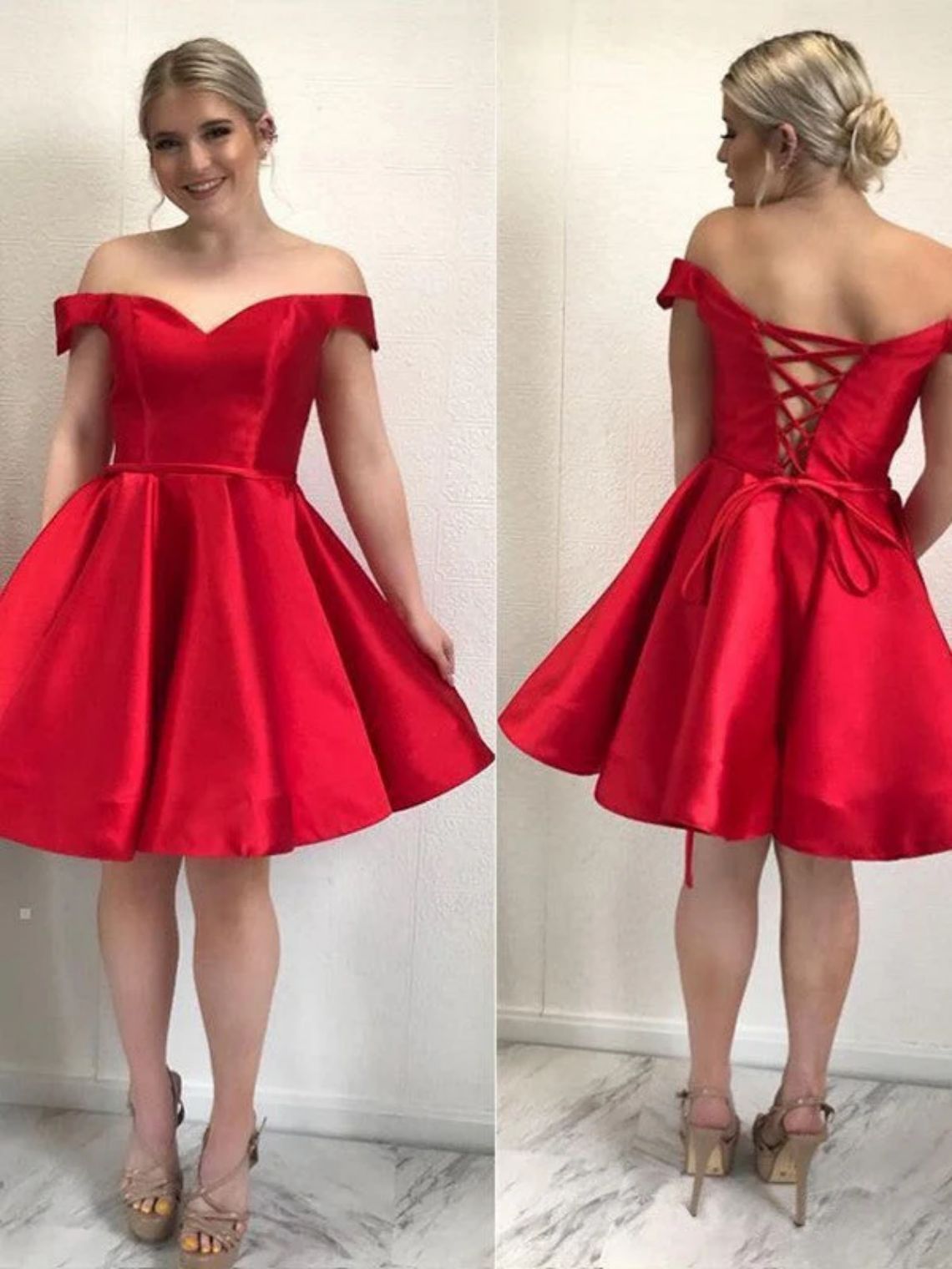A-Line Satin Short/Mini Off-Shoulder Homecoming Dress