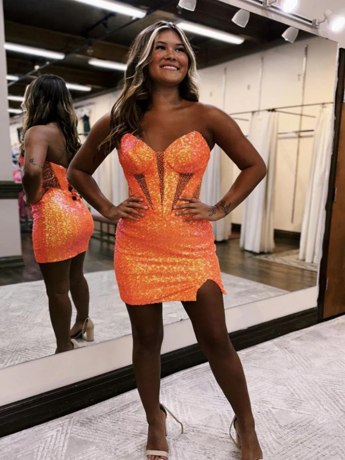 Sheath/Column Sparkly Strapless Bodycon Homecoming Dress with Slit