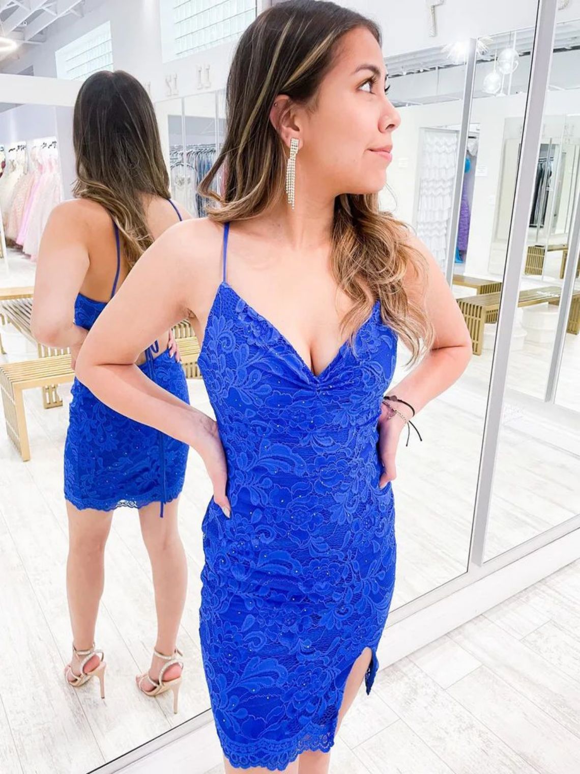 Royal Blue Floral Lace Cowl Neck Short Prom Dress Homecoming Dress