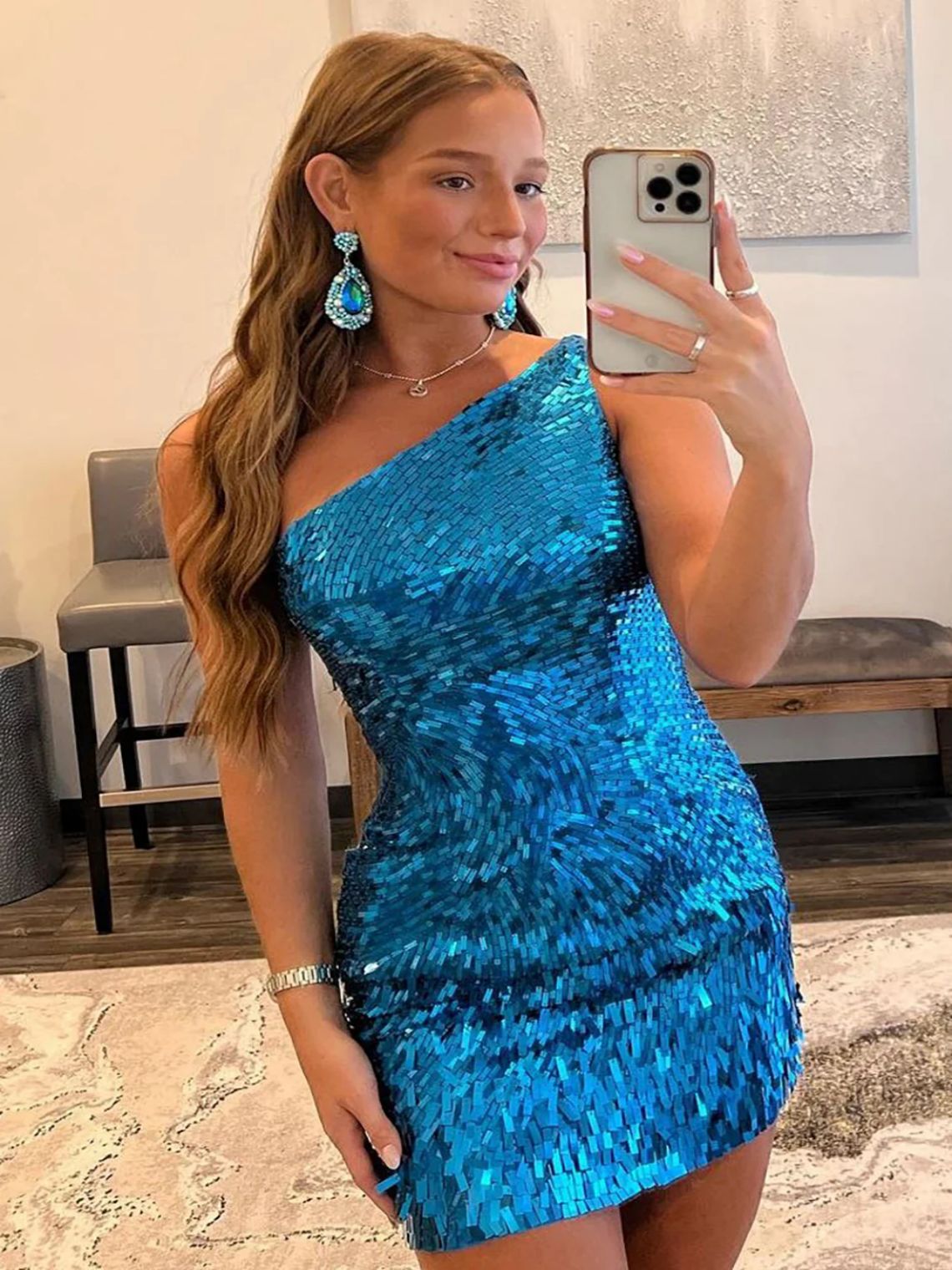 Sheath/Column One Shoulder Royal Blue Glitter Short Homecoming Dress