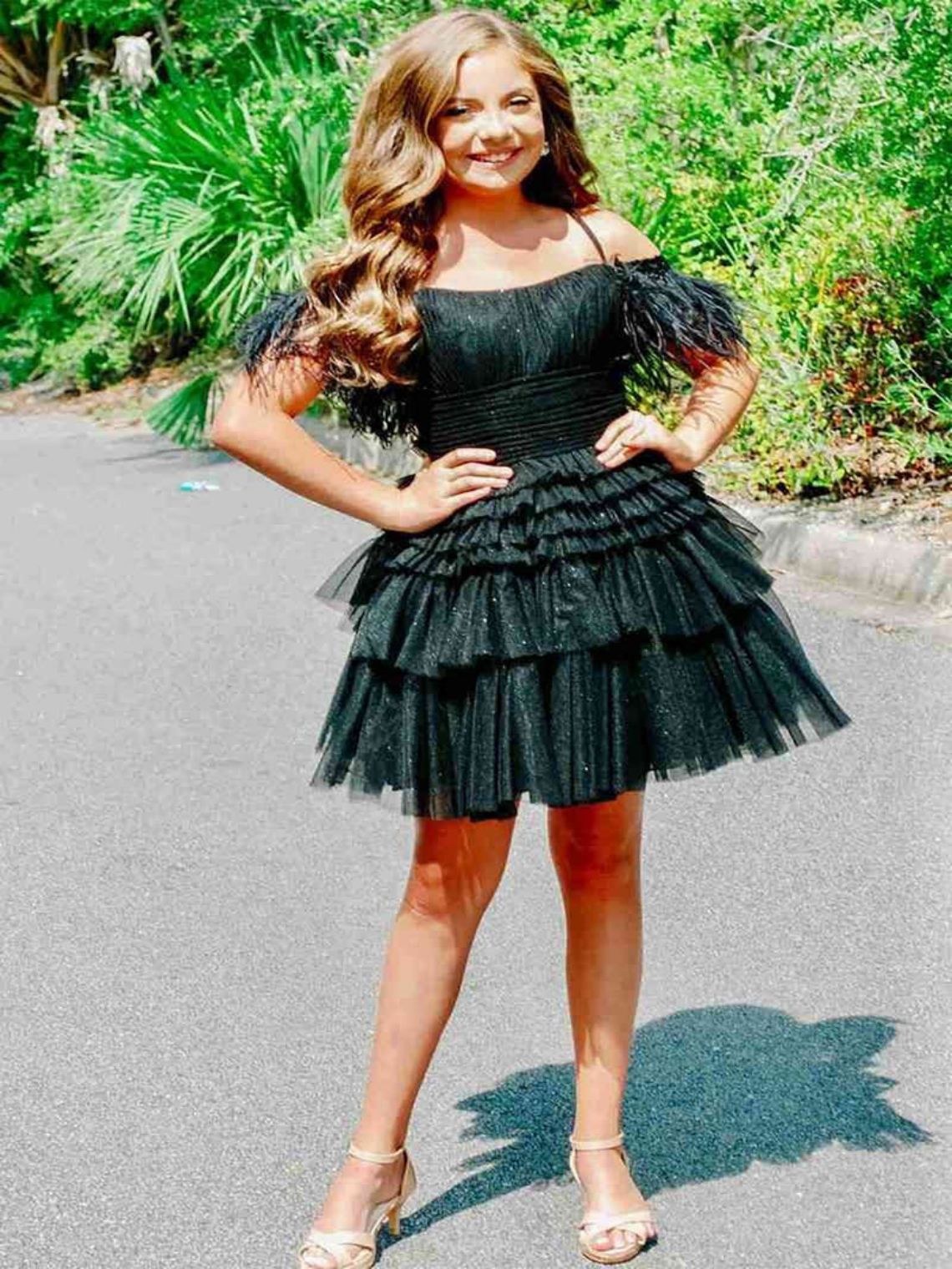 A Line Pink Glitter Tulle Short Homecoming Dress with Feather