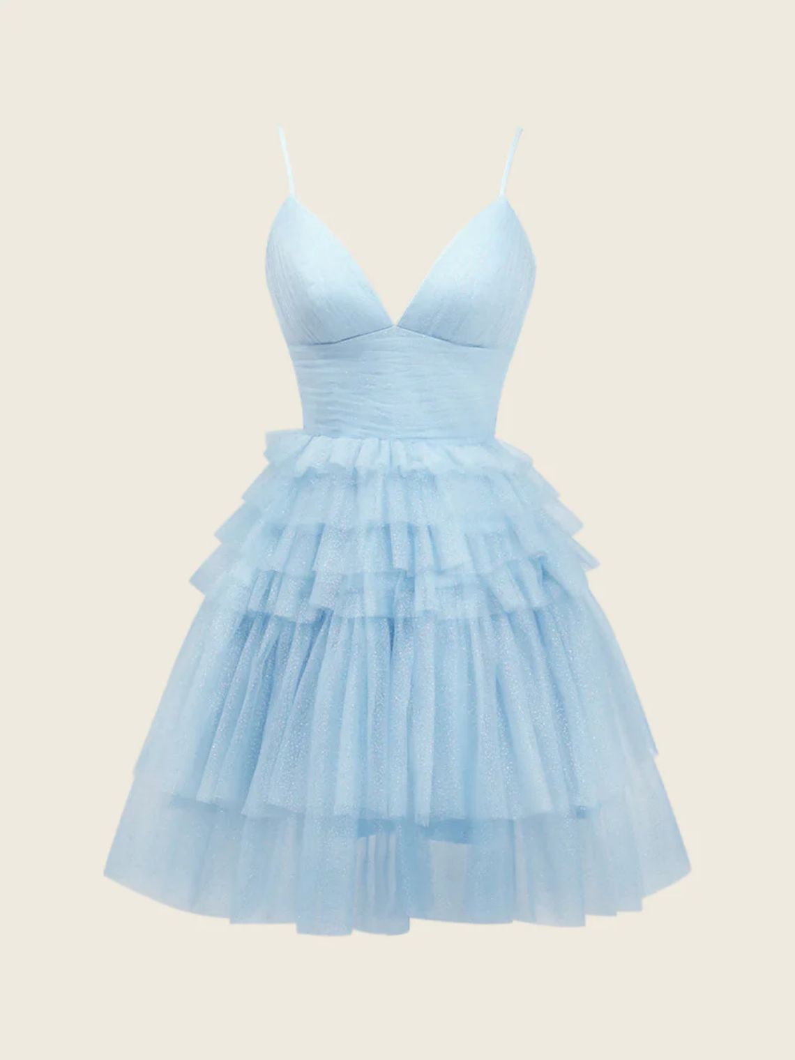 A-Line Deep V Neck Tiered Glitter Tulle Homecoming Dress Ruffles
