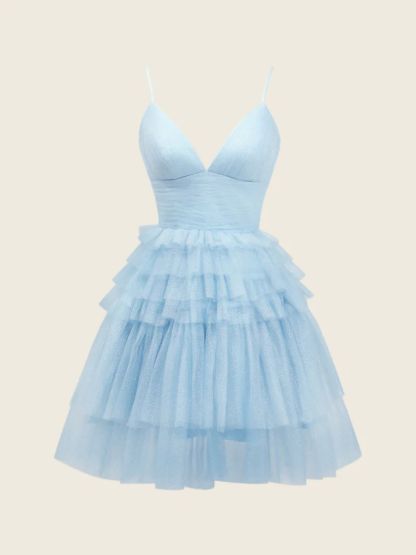 Dress A-Line Deep V Neck Tiered Glitter Tulle Homecoming Dress Ruffles