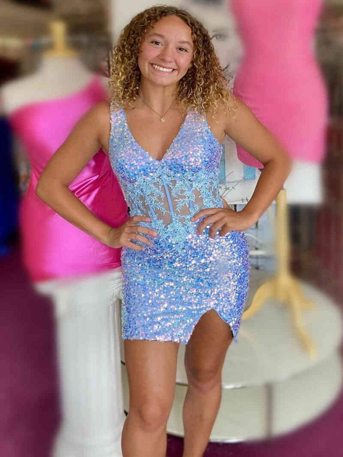 Bodycon Blue Party Cocktail Dress Sequins Lace Homecoming Dress