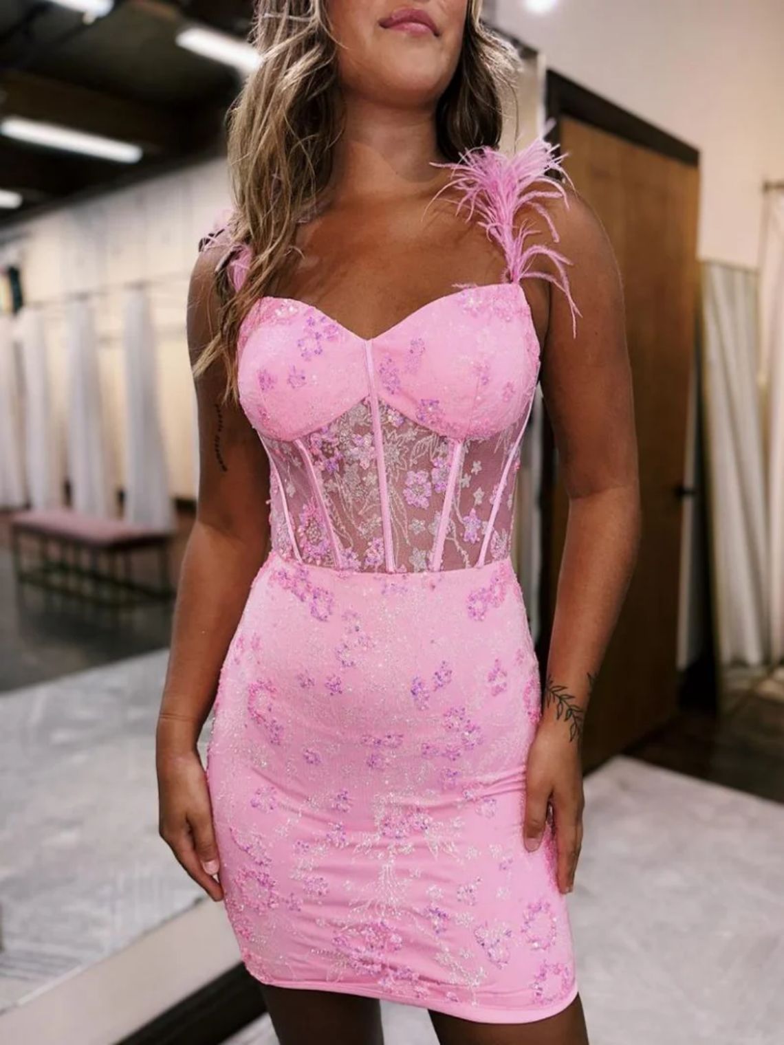 Sheath Bodycon Short Party Tight Homecoming Dress With Feather Straps