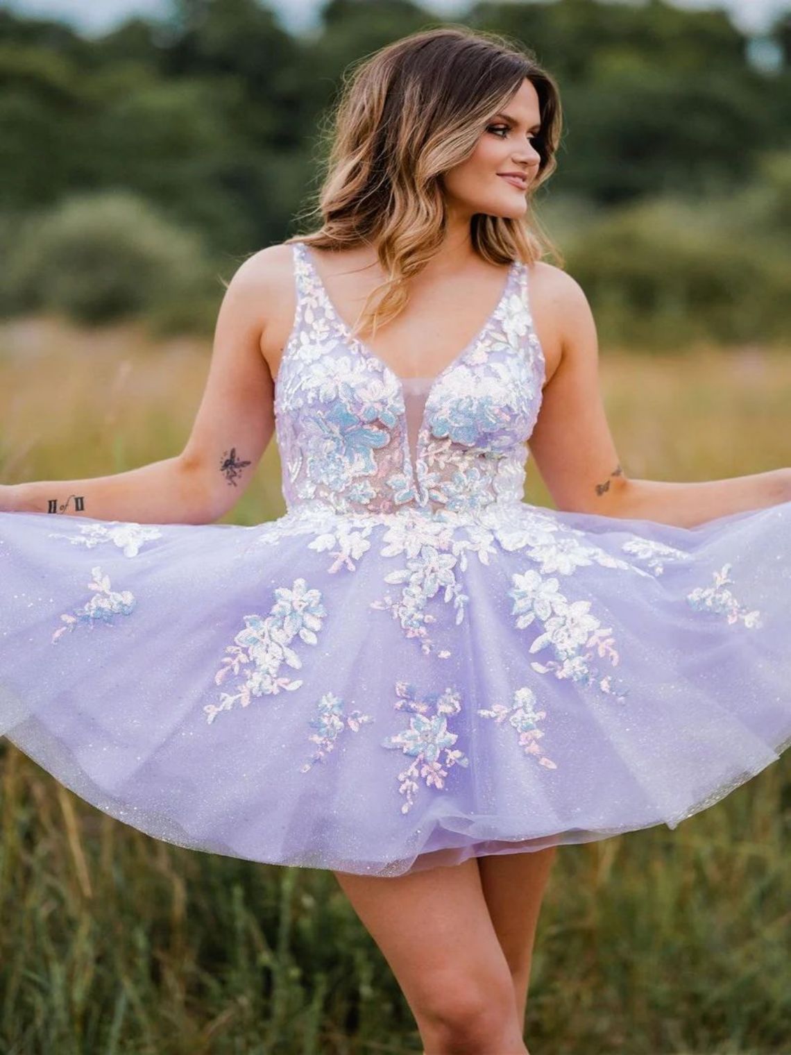 A-Line Sequin Lace Plunge V Backless A-Line Short Homecoming Dress
