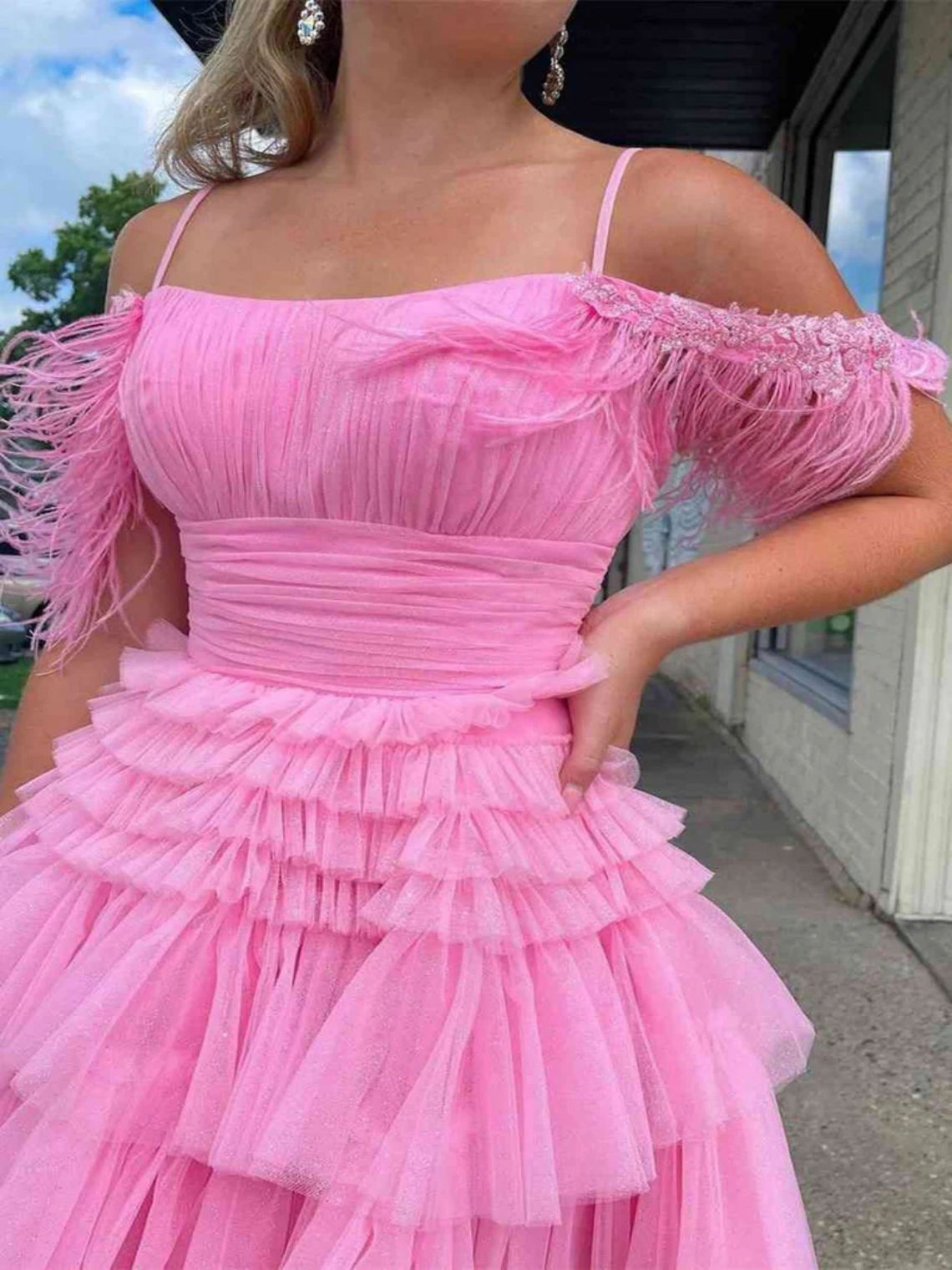 A Line Pink Glitter Tulle Short Homecoming Dress with Feather