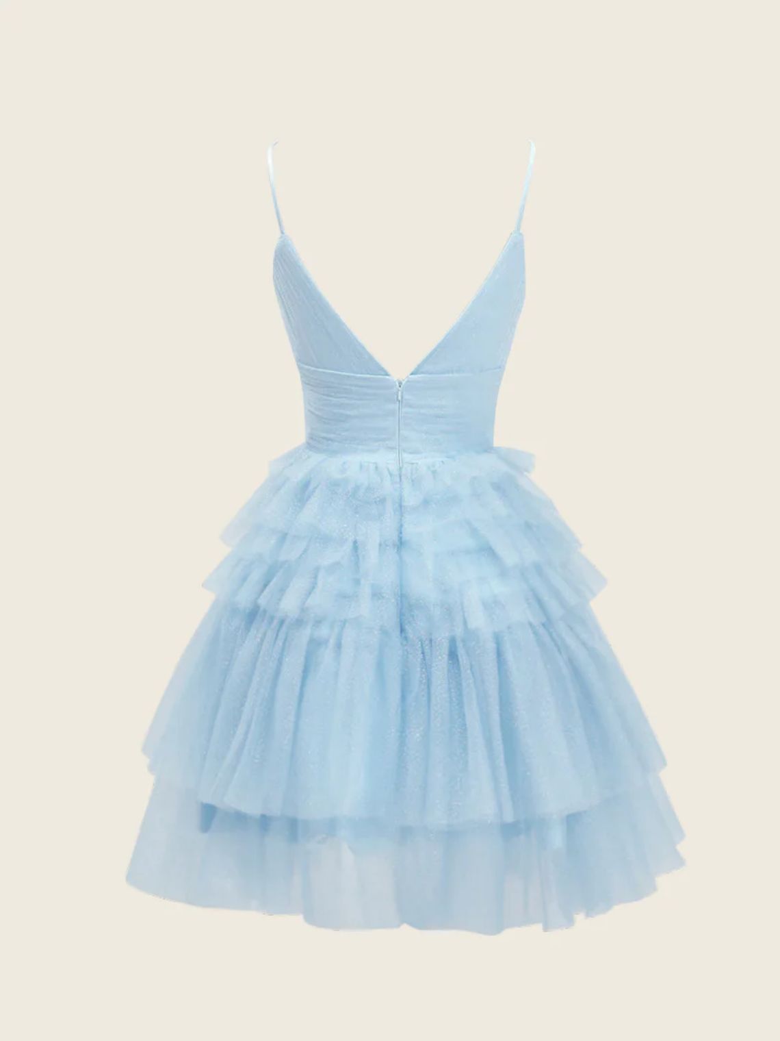 A-Line Deep V Neck Tiered Glitter Tulle Homecoming Dress Ruffles