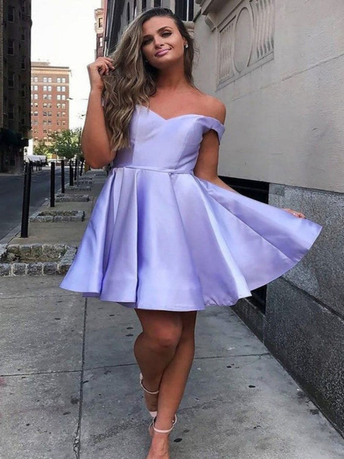 A-Line Satin Short/Mini Off-Shoulder Homecoming Dress