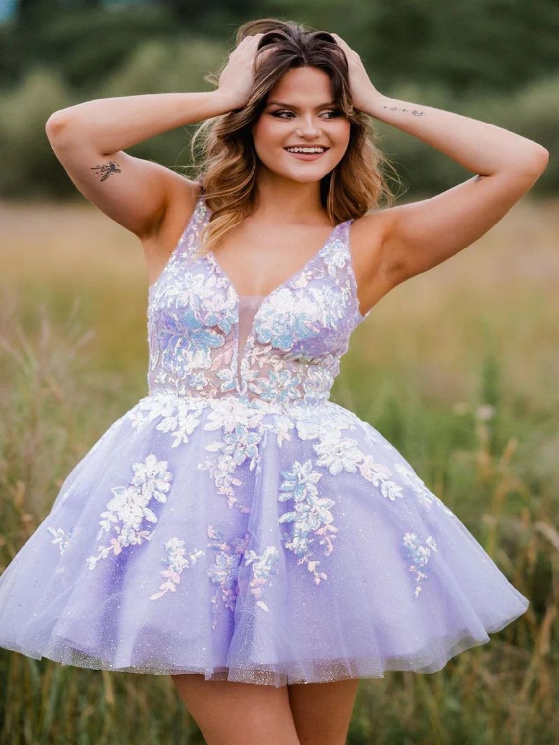 A-Line Sequin Lace Plunge V Backless A-Line Short Homecoming Dress