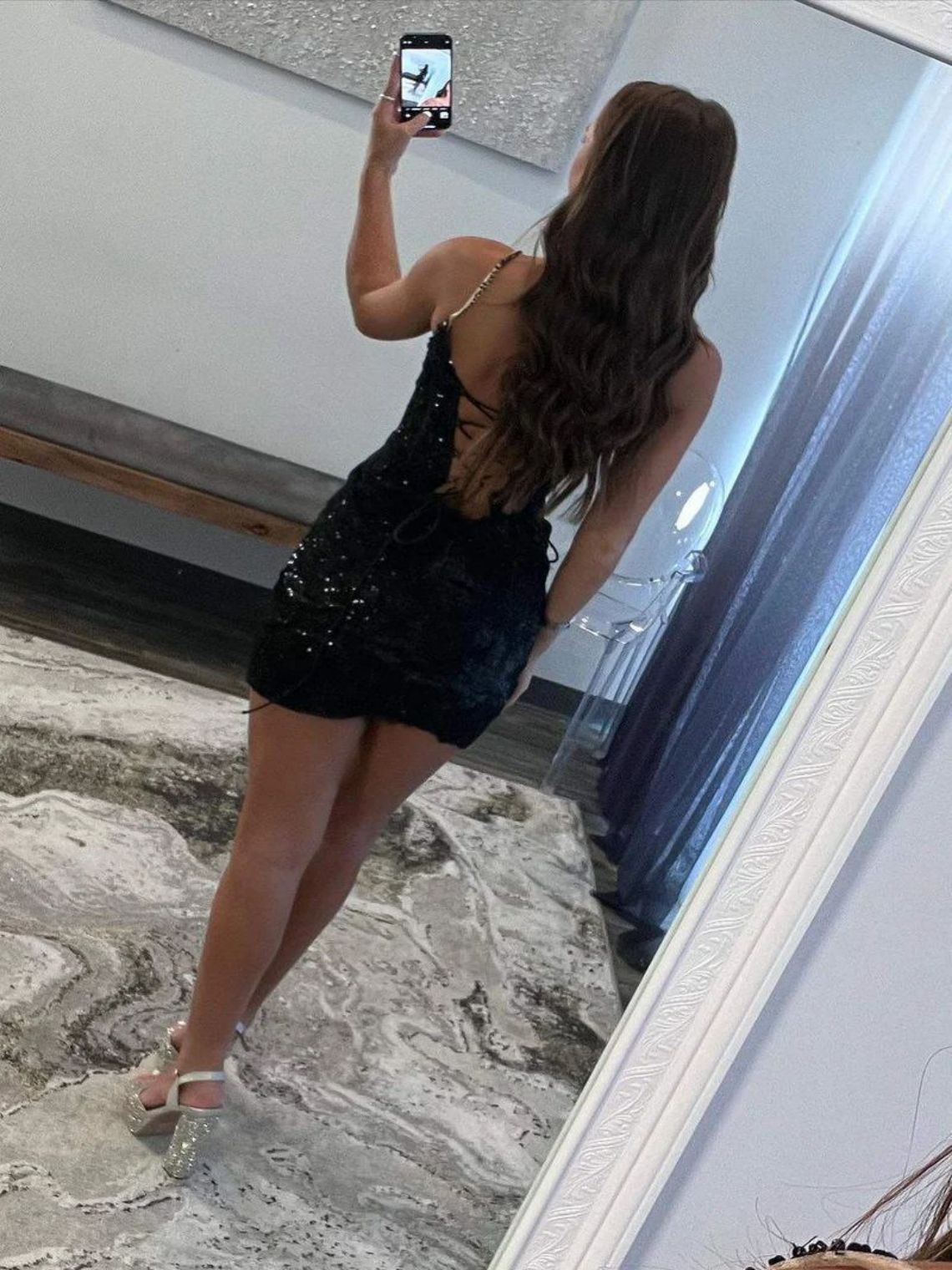 Sheath/Column Spaghetti Straps Sequined Lace Homecoming Dress