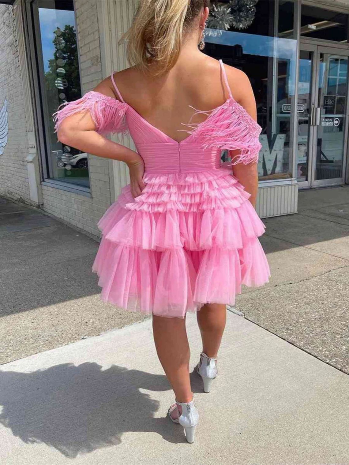 A Line Pink Glitter Tulle Short Homecoming Dress with Feather
