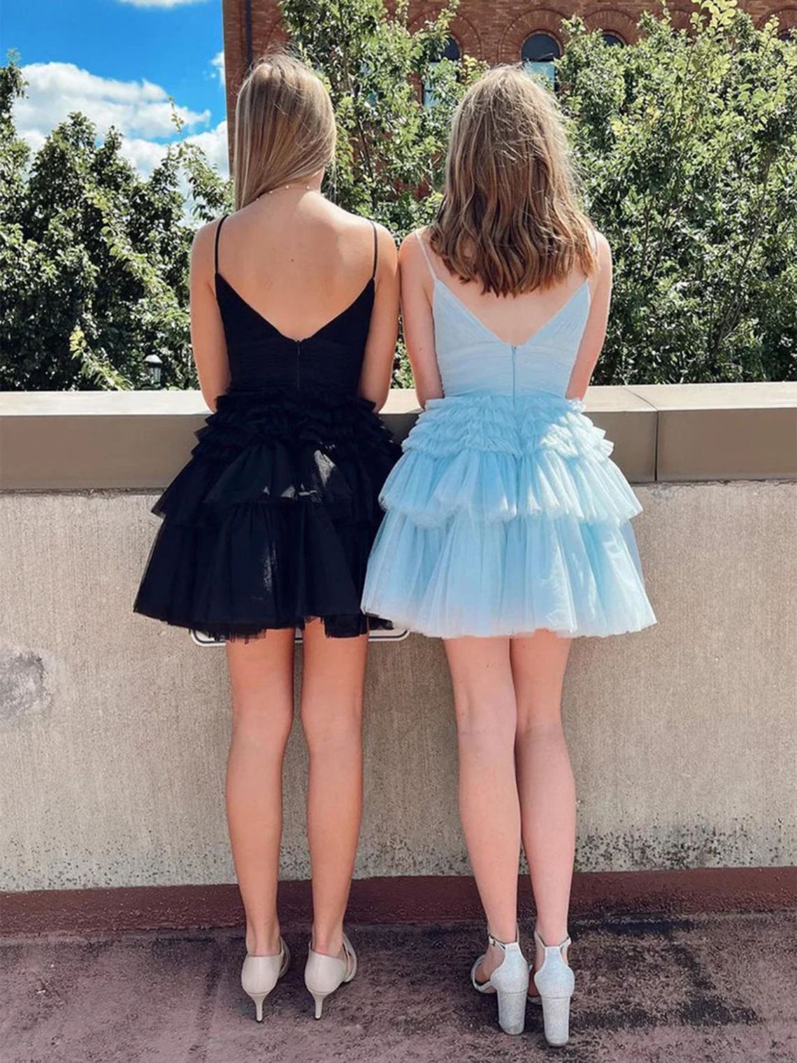 A-Line Deep V Neck Tiered Glitter Tulle Homecoming Dress Ruffles