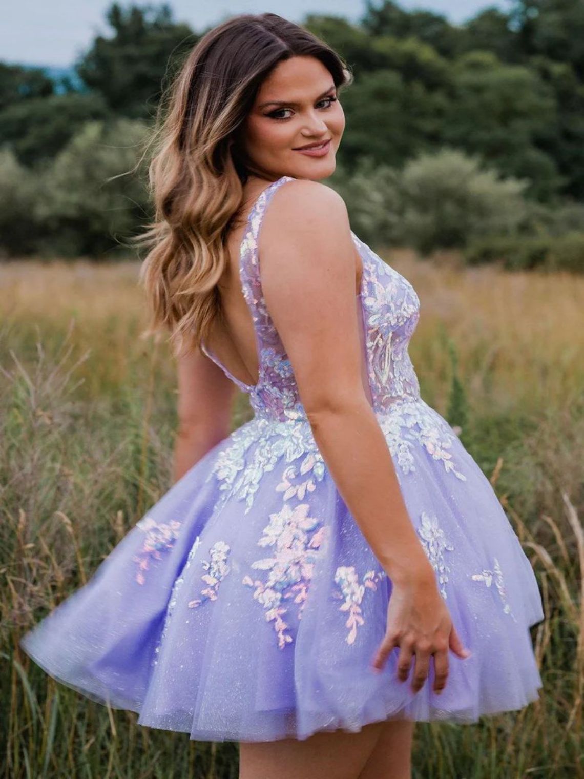 A-Line Sequin Lace Plunge V Backless A-Line Short Homecoming Dress