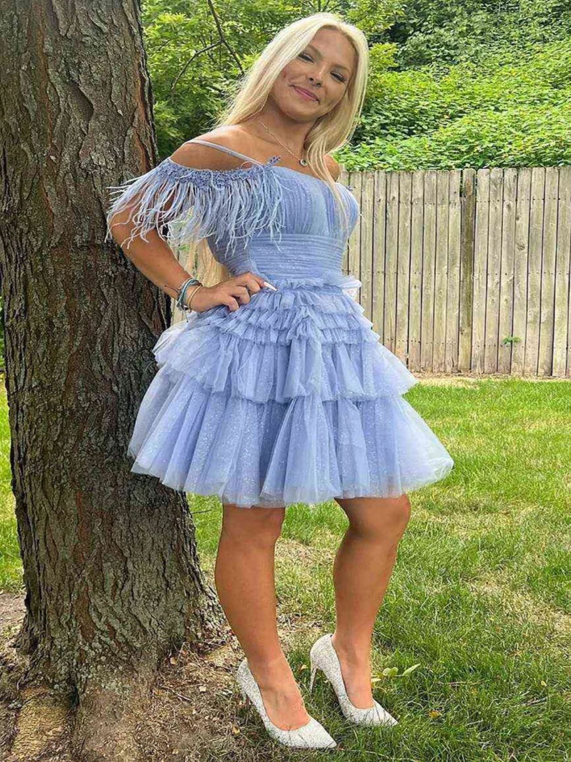 A Line Pink Glitter Tulle Short Homecoming Dress with Feather
