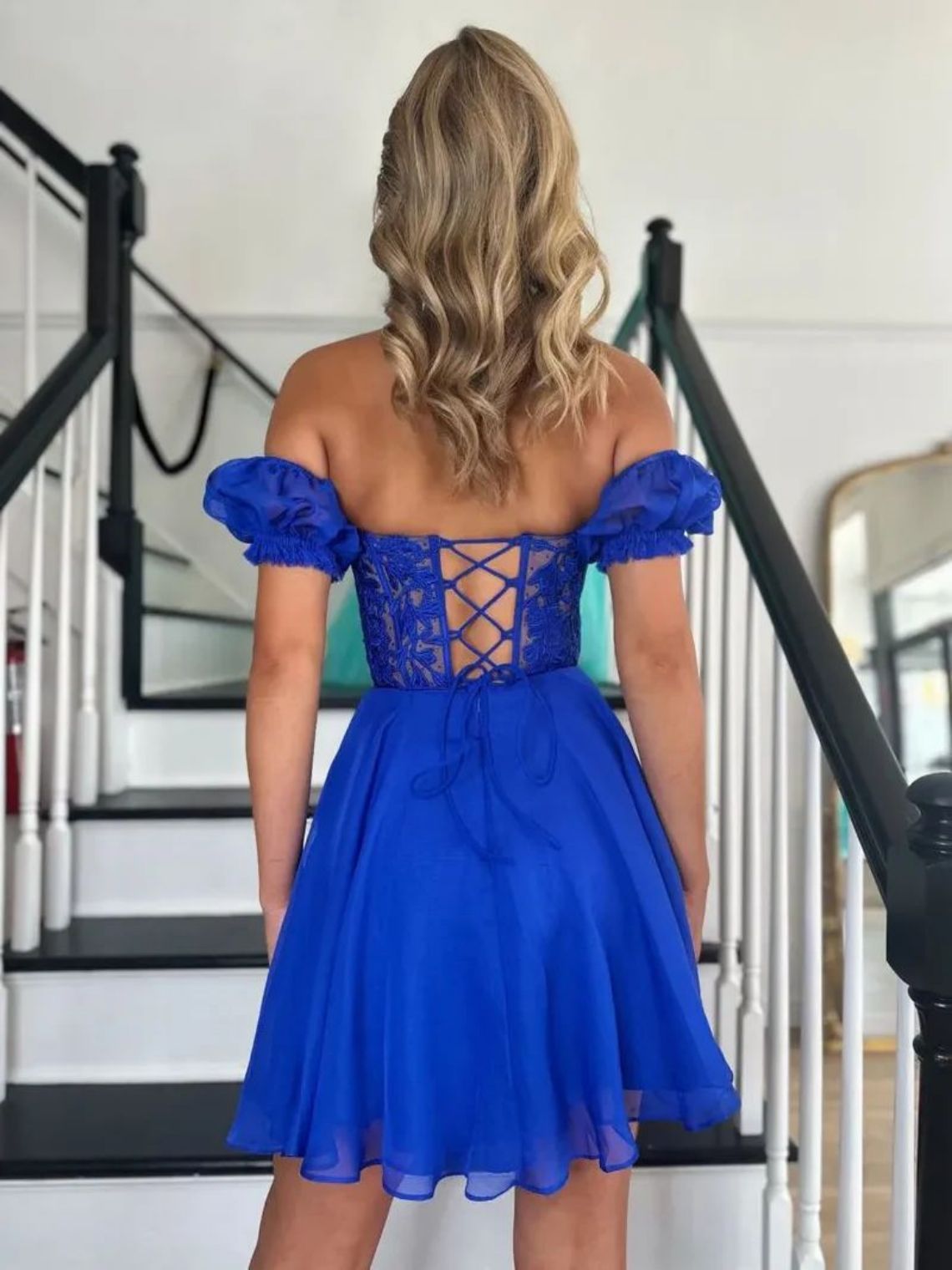 A Line Lace Off the Shoulder Homecoming Dress with Appliques