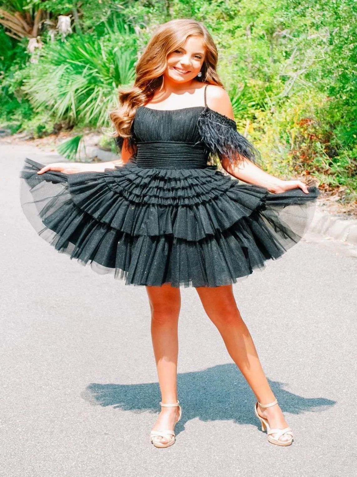 A Line Pink Glitter Tulle Short Homecoming Dress with Feather