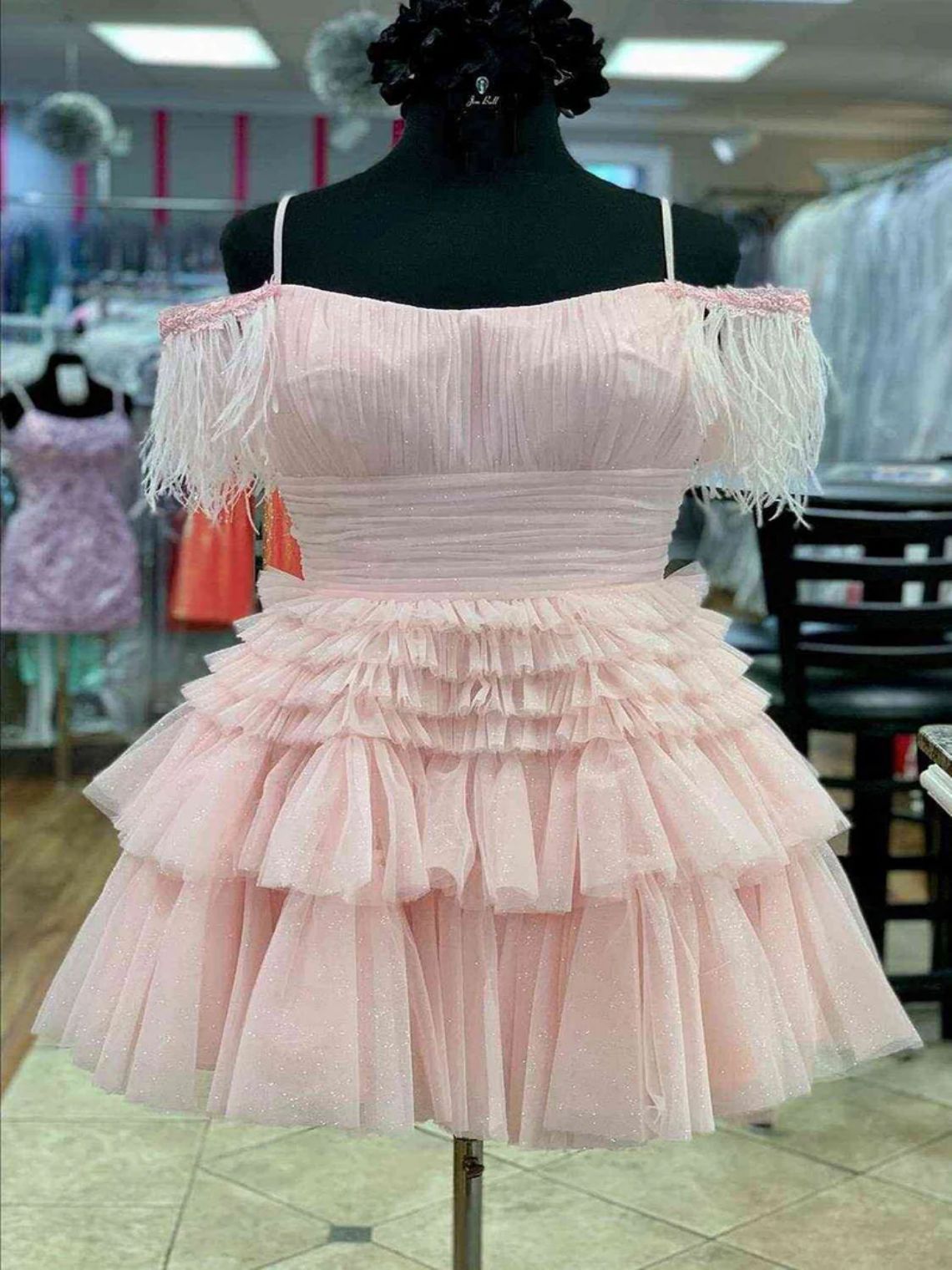 A Line Pink Glitter Tulle Short Homecoming Dress with Feather