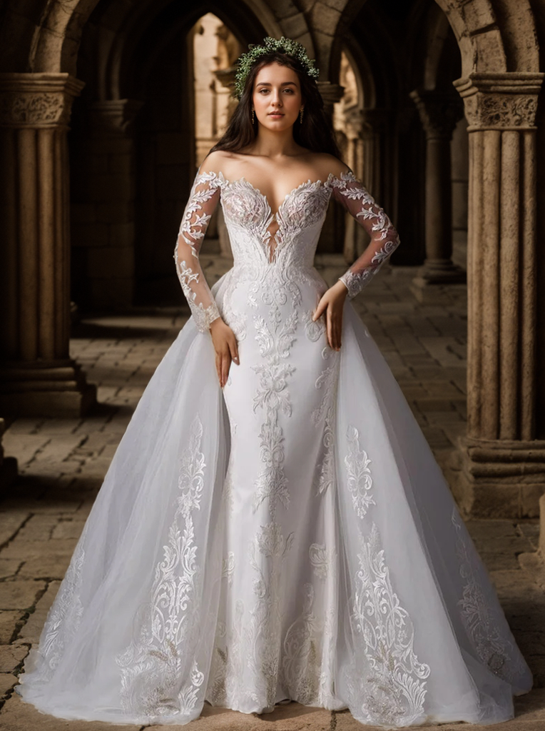 Trumpet/Mermaid Sexy Pure Color V-Neck 3/4 Sleeve Sweep/Brush Train Wedding Dresses 