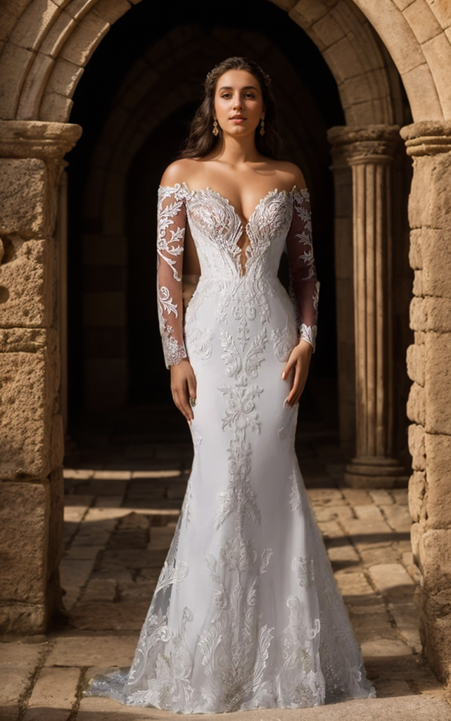 Trumpet/Mermaid Sexy Pure Color V-Neck 3/4 Sleeve Sweep/Brush Train Wedding Dresses 