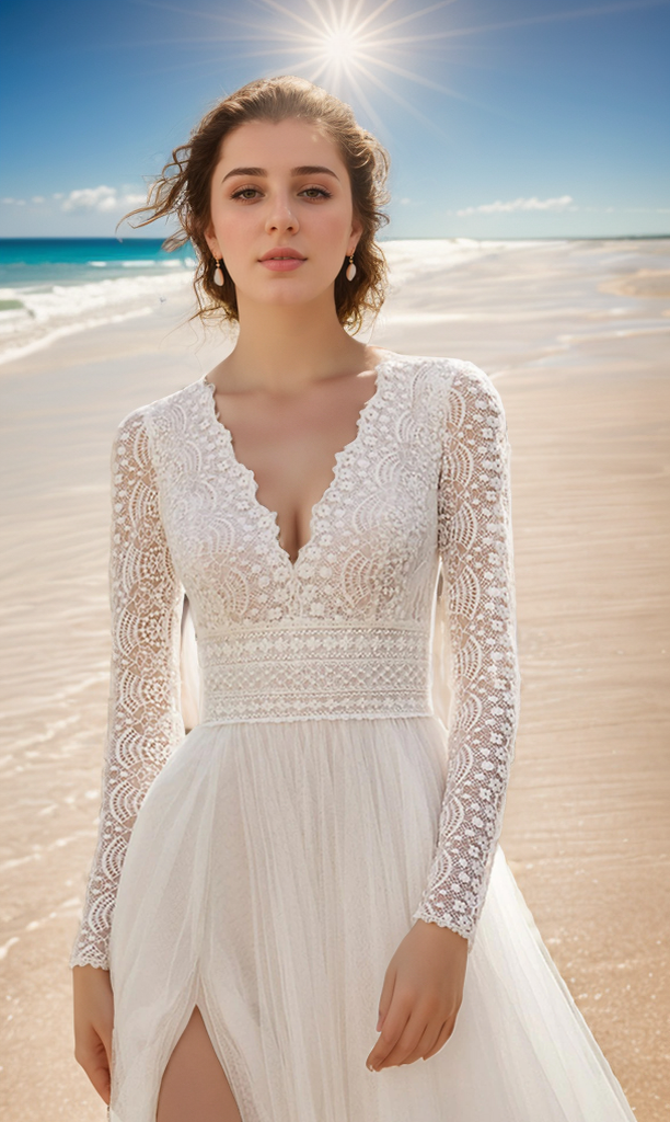 A-Line/Princes Sexy V-Neck Long Sleeve Sweep/BrushTrain Wedding Dresses 