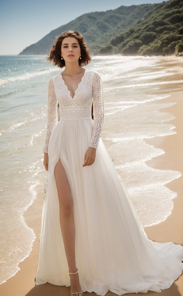 A-Line/Princes Sexy V-Neck Long Sleeve Sweep/BrushTrain Wedding Dresses 