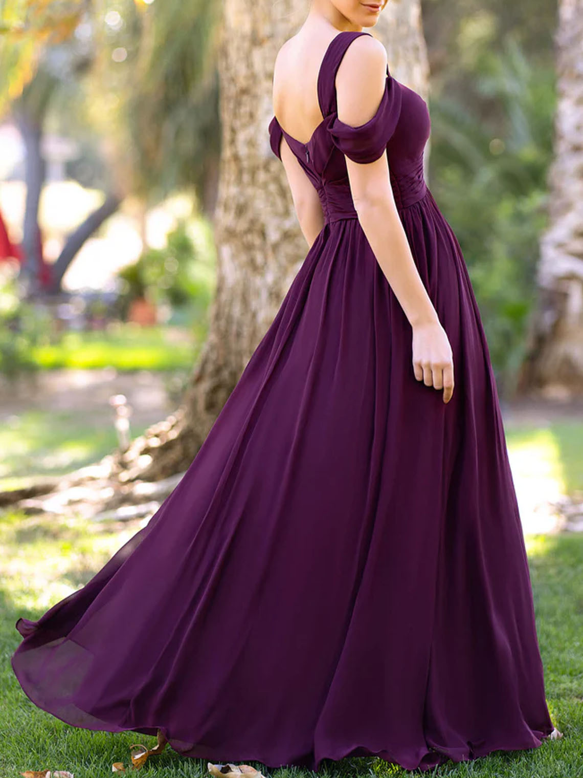 A Line V neck Chiffon Off the Shoulder With Slit Bridesmaid Dress