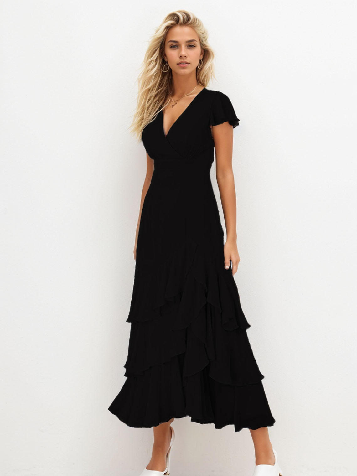 A-Line/Princess Short Sleeve V-Neck Ankle-Length Long Prom Evening Dresses