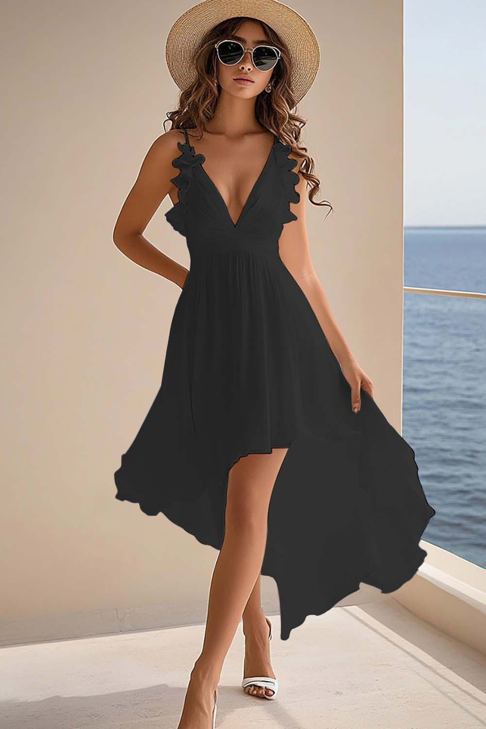 White Chiffon A Line V-Neck High-Low Rehearsal Dinner Dresses with Ruffles Wedding Dresses