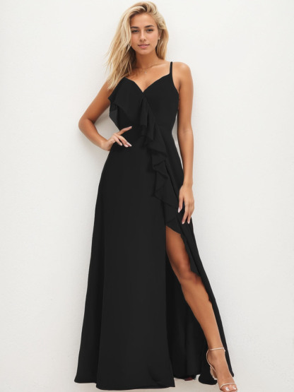 Dress A-Line V-Neck Floor-Length Sleeveless Long Ruffles Bridesmaid Dress