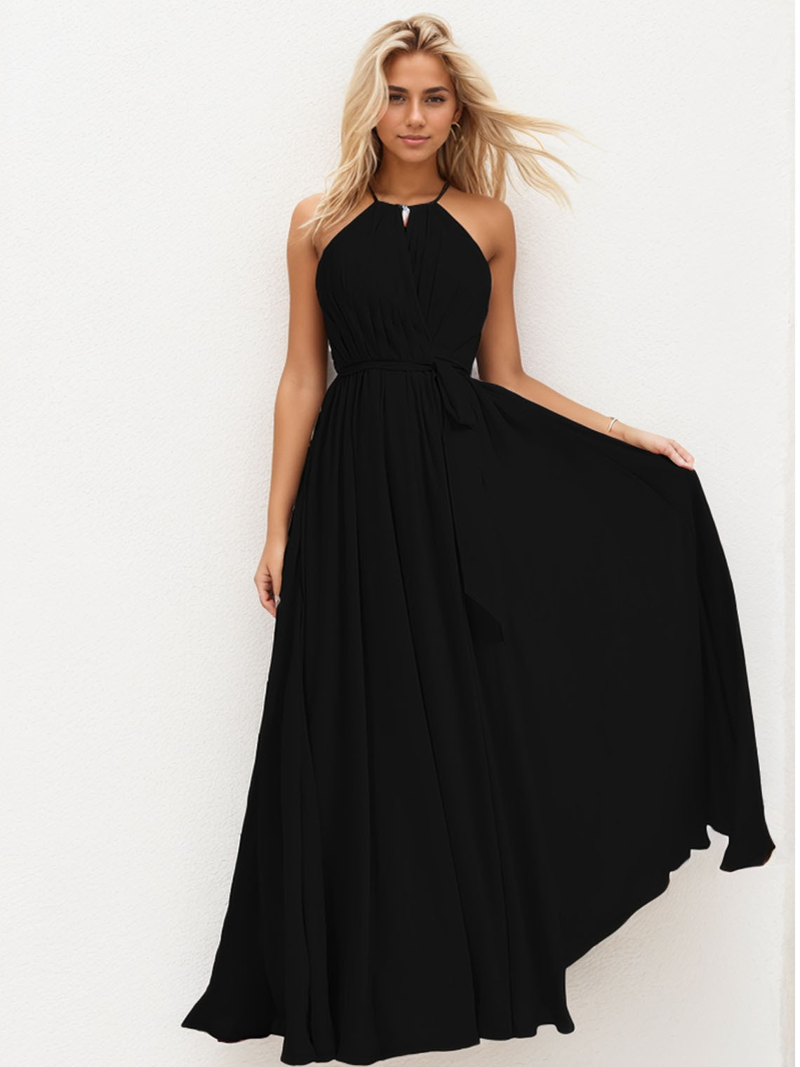 A-Line/Princess Sleeveless Halter Pure Color Floor-Length Long Evening Dresses Wedding Bridesmaid Dresses