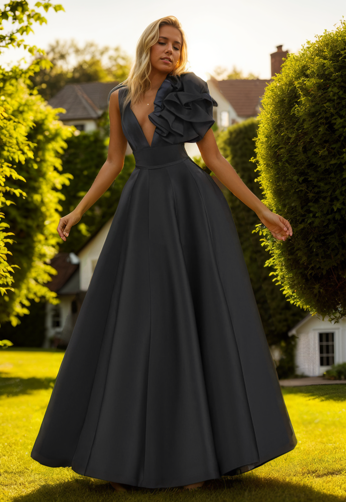 A-Line Evening Gown Prom Party Dress Floor Length Sleeveless V Neck Satin with Shouder Flower