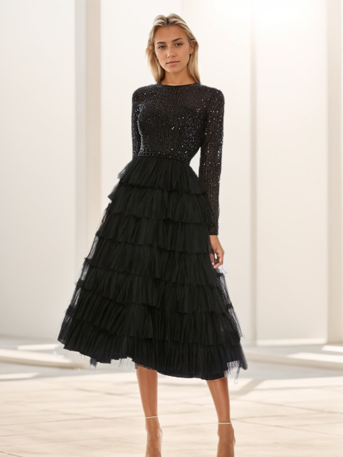 A-Line Homecoming Dress Tea Length Jewel Neck Tulle with Sequin Tiered