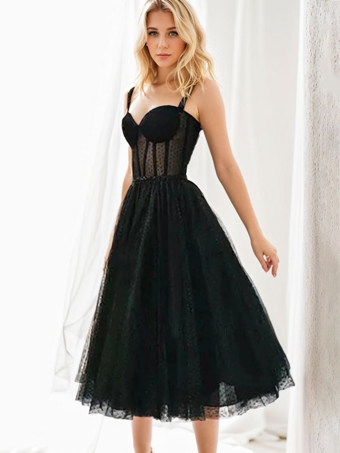 A-line Sweetheart Sleeveless Tea-Length Tulle Homecoming Dress