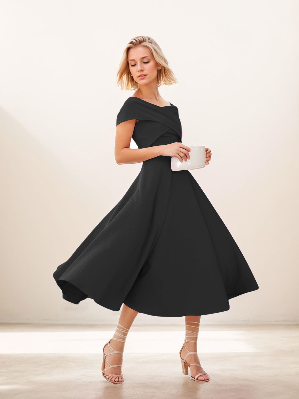 A-Line Homecoming Dress Tea Length Off Shoulder Ruched Stretch Fabric 