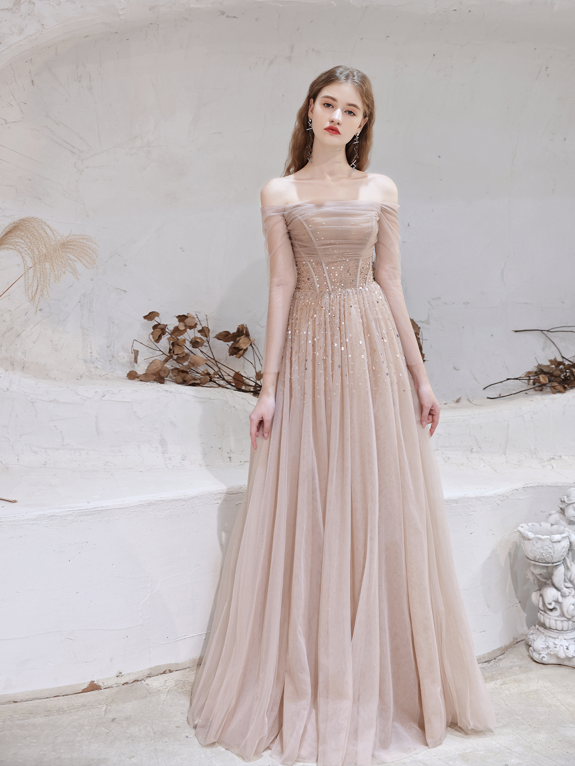 A-Line Glittering Evening Dress Prom Dress Off Shoulder Floor Length