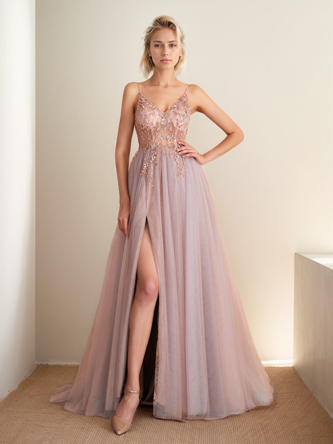 A-Line Evening Gown Formal Graduation Prom Dress V Neck Tulle Beading Slit