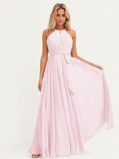 Dress A-Line Sleeveless Floor-Length Halter Ruched Long Bridesmaid Dress