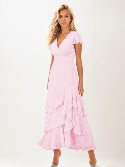 Dress A-Line/Princess Short Sleeve V-Neck Ankle-Length Long Evening Dress