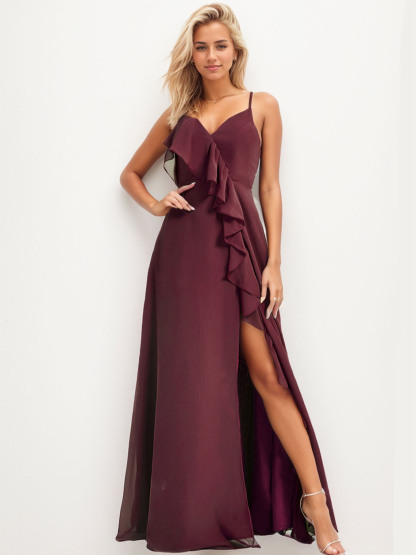 Dress A-Line V-Neck Floor-Length Sleeveless Long Ruffles Bridesmaid Dress