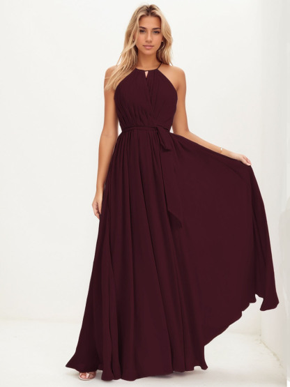 Dress A-Line Sleeveless Floor-Length Halter Ruched Long Bridesmaid Dress