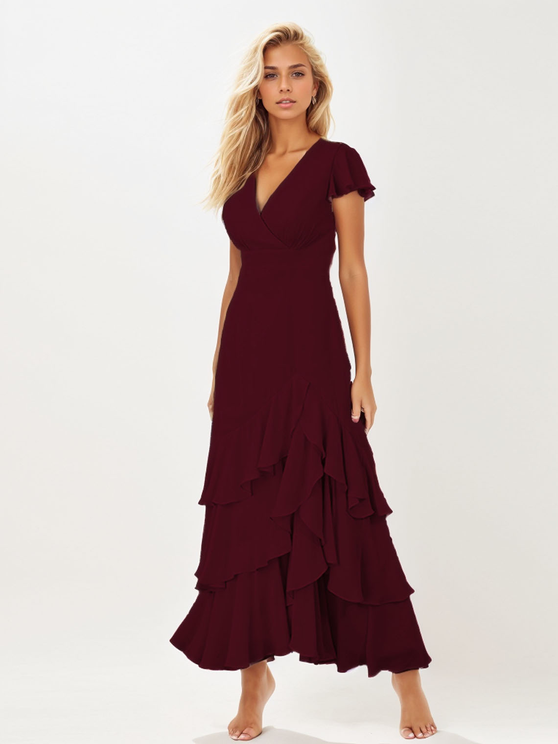 A-Line/Princess Short Sleeve V-Neck Ankle-Length Long Prom Evening Dresses