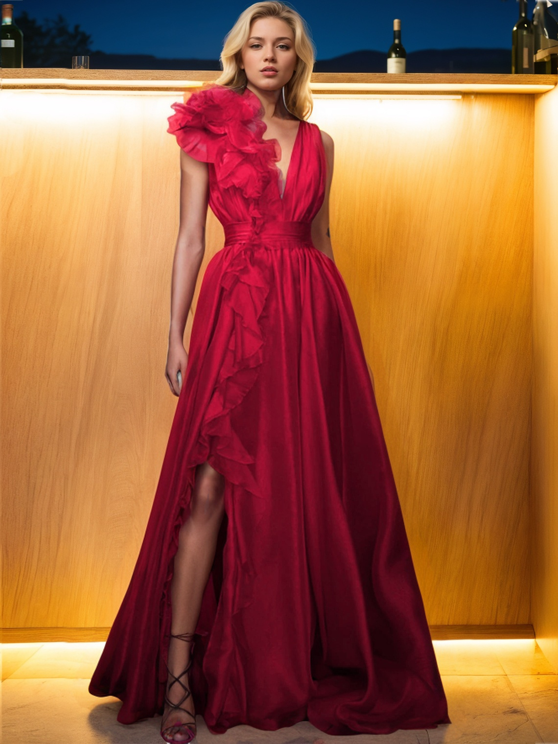 A-Line Evening Dress Formal Floor Length Sleeveless V Neck Prom Dress